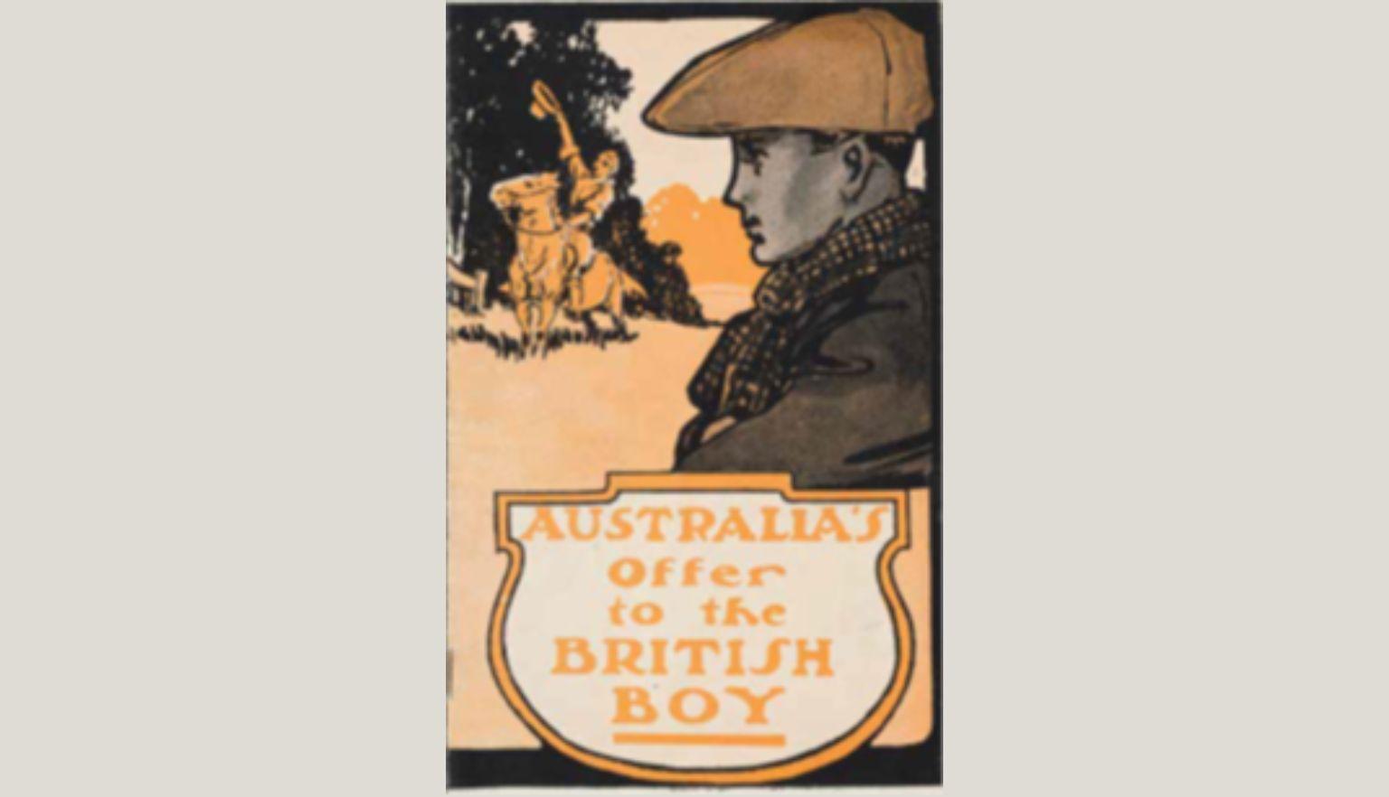 A young man wearing a flat cap and scarf looks towards a rural scene where a figure on horseback is visible. The design features muted colors with a focus on promoting opportunities.