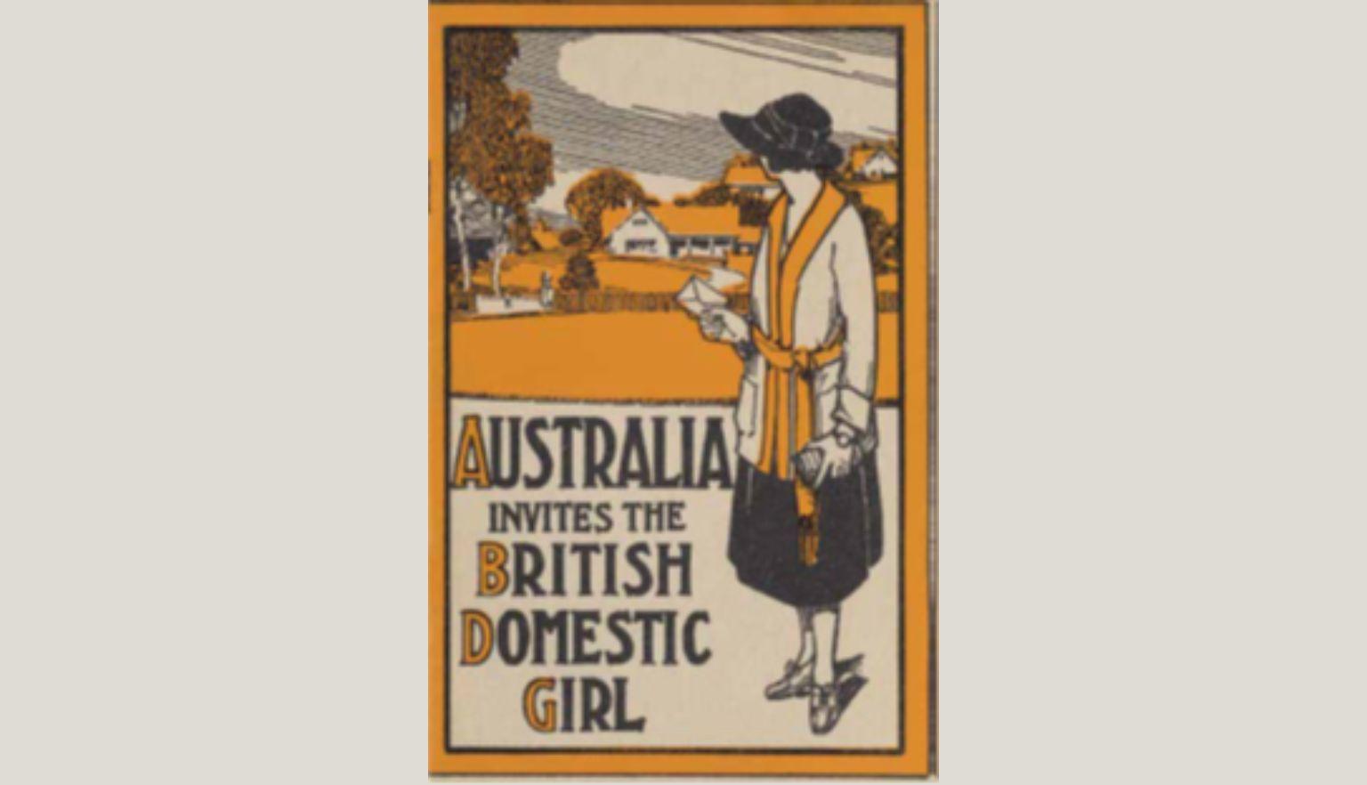 A woman in a hat and scarf holds a letter while standing in front of a countryside scene with houses and trees. The orange and black design features bold text promoting immigration.