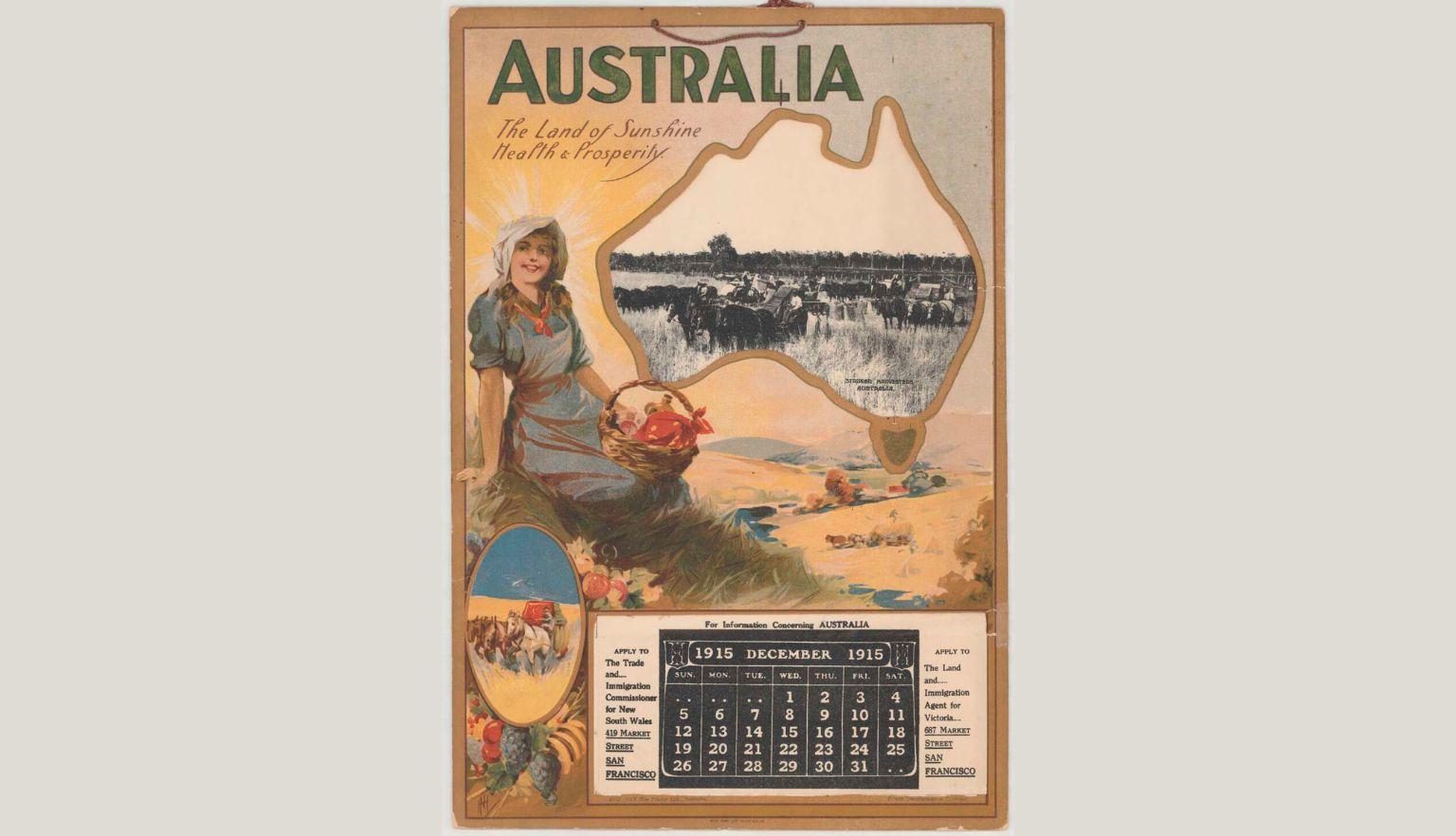 A calendar page featuring a woman seated with a basket of produce against an illustrated map of Australia and farmland. The poster includes text about Australia's climate and prosperity.