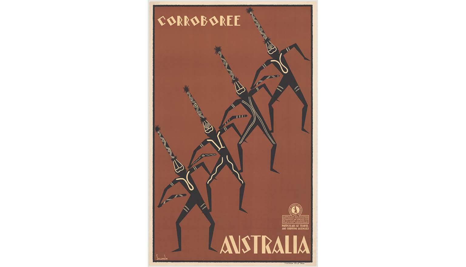 Poster promoting Australia as a tourist destination, featuring four male black stick figure Aboriginal dancers arranged diagonally across an ochre background with a black border. The men, in an identical ceremonial dance pose but with different body decoration markings, are all holding boomerangs and wearing long ceremonial headdresses with tassels at both the base and tip.
