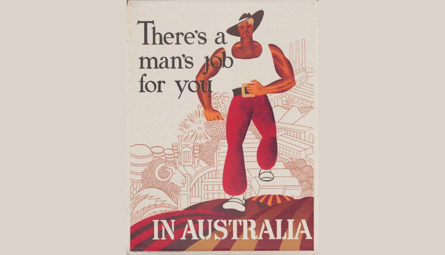An illustration of a muscular man in red pants and a hat walking confidently, set against a background of industrial and agricultural imagery. The design uses earthy tones and bold lettering.