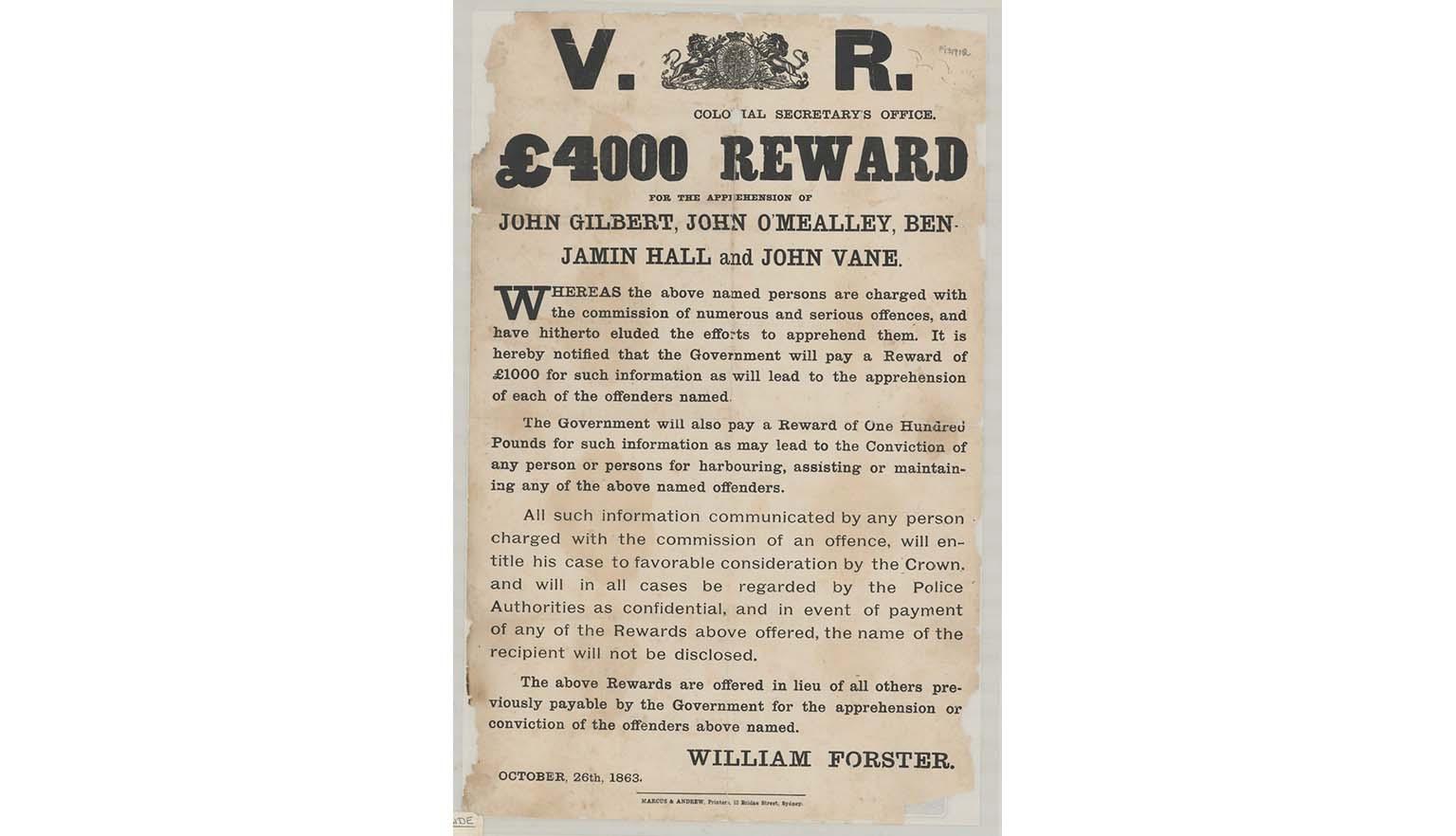 wanted poster for John Gilbert, John O'Mealley, Benjamin Hall and John Vane