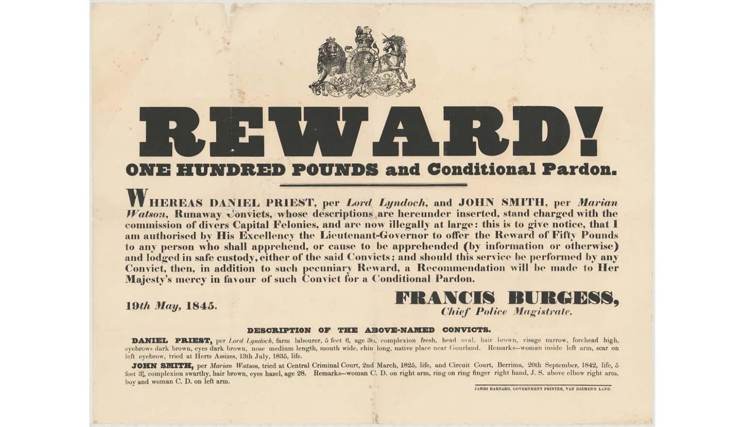 Wanted poster for Daniel Priest and John Smith, runaway convicts
