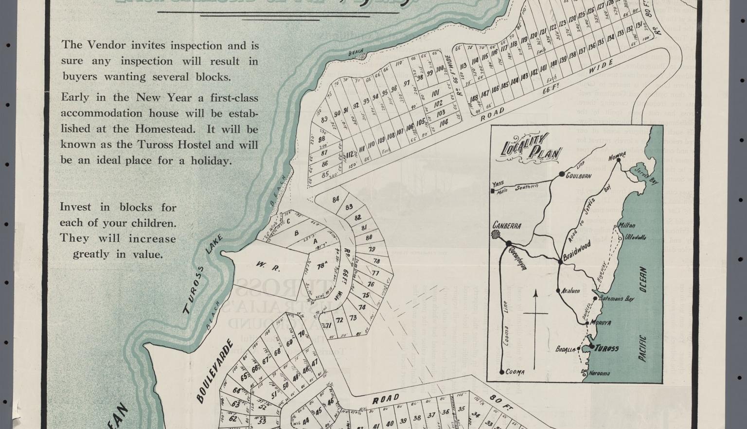 A vintage real estate advertisement for land subdivision in Tuross, situated between Bodalla and Moruya, promoted as "Australia's Best Seaside Resort." The map highlights available plots of land with a detailed layout near Tuross Lake and the Pacific Ocean. The advertisement includes an inset map for regional context and a panoramic photograph of the coastline. 