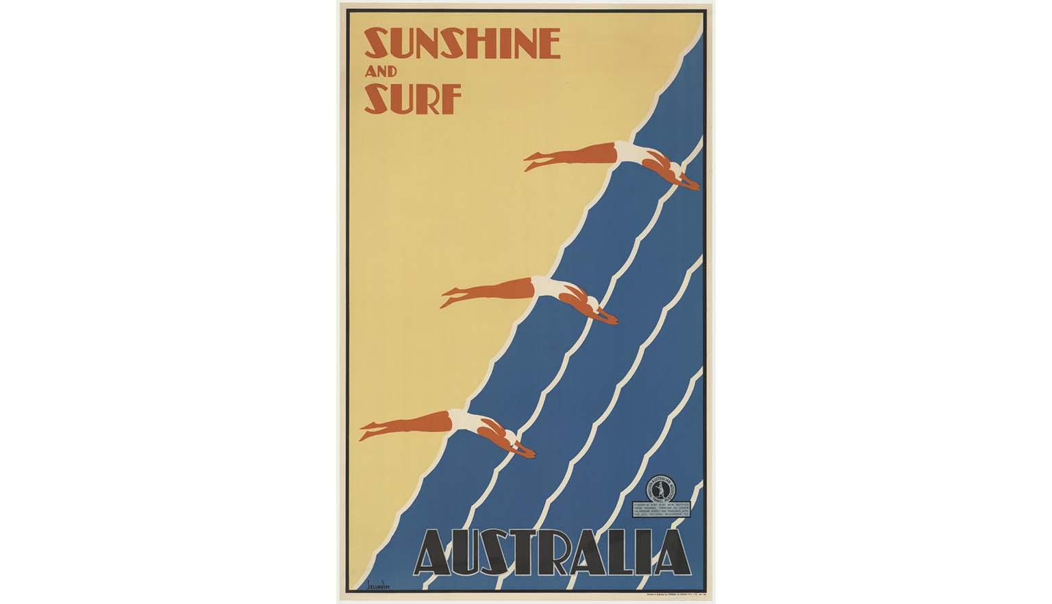 blue, yellow, and red poster advertising the beach