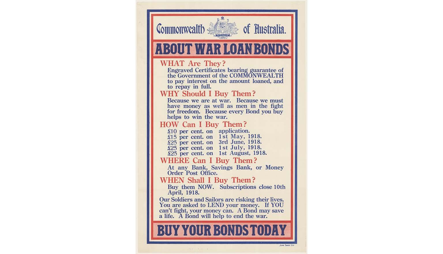 A red, white and blue poster. At the top of the poster is the Australian coat of arms with the words 'Commonwealth of Australia' and a large headline saying 'ABOUT WAR LOAN BONDS'. At the bottom of the poster is another large headline that says 'BUY YOUR BONDS TODAY'