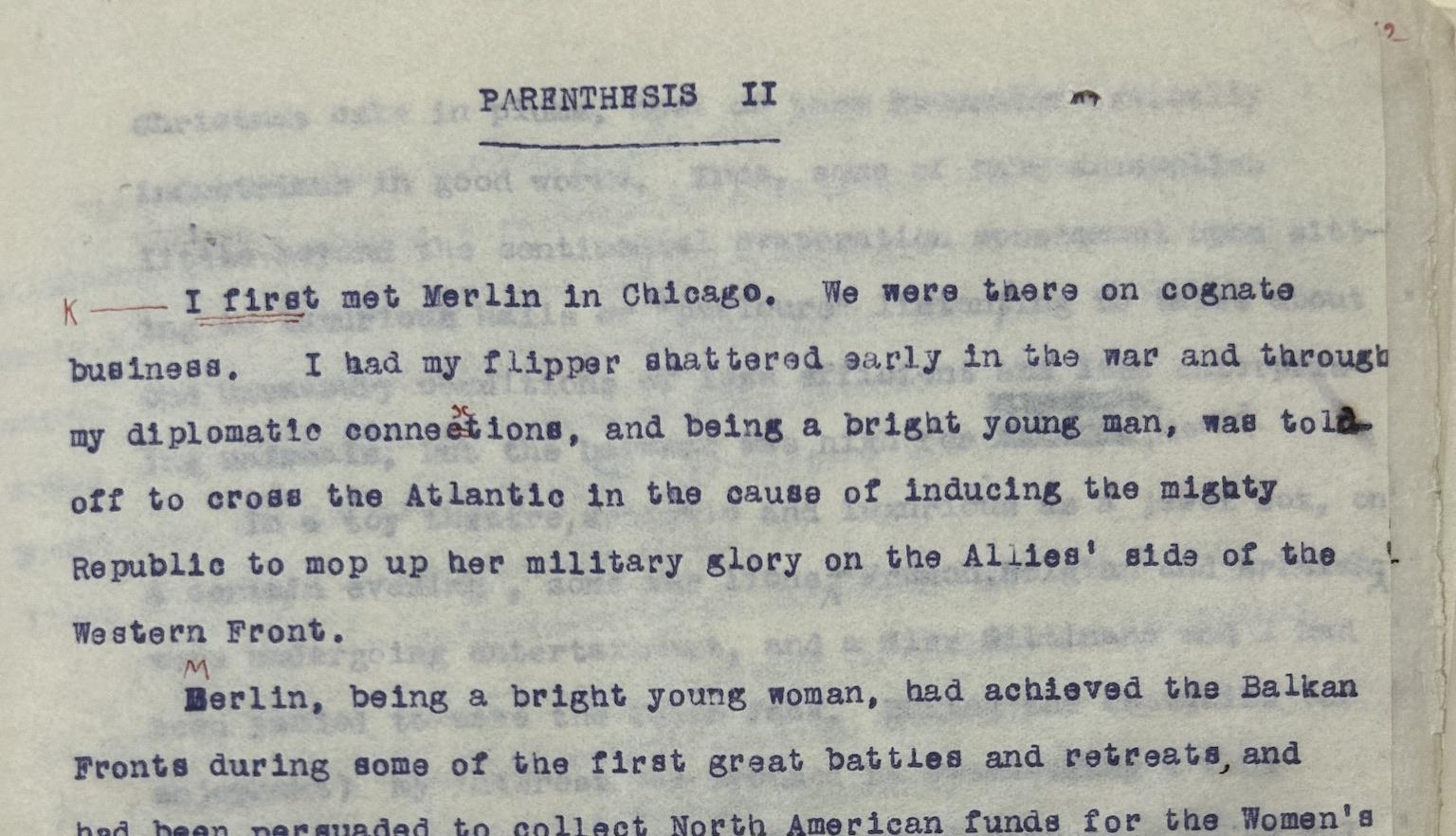 A typewritten page in blue ink with a few handwritten annotations