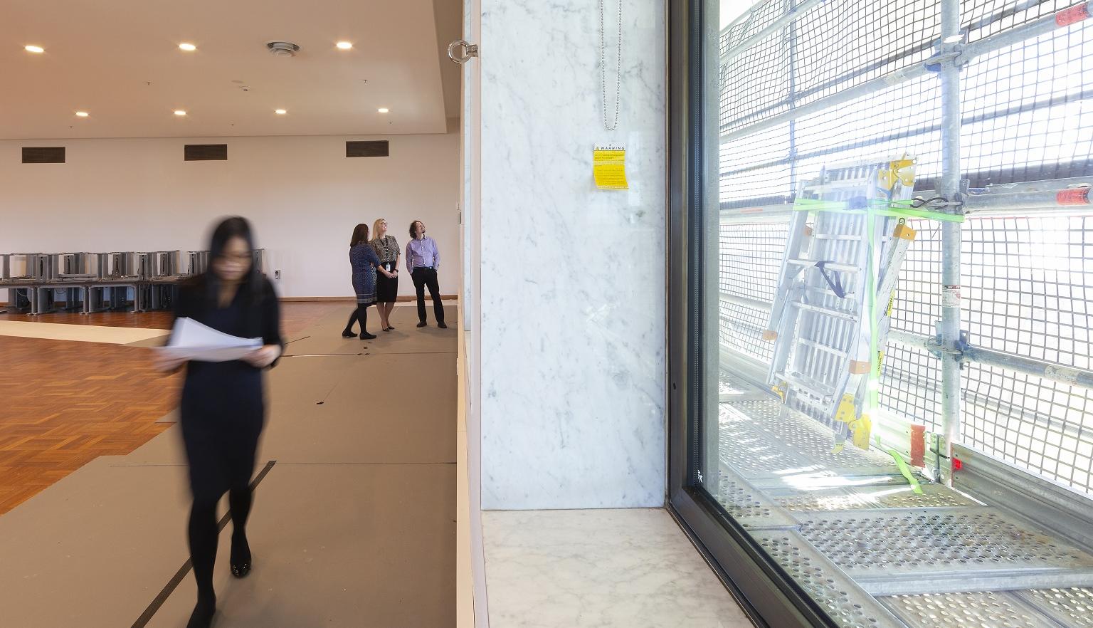 Room of the National Library with scaffolding from building works seen out the window