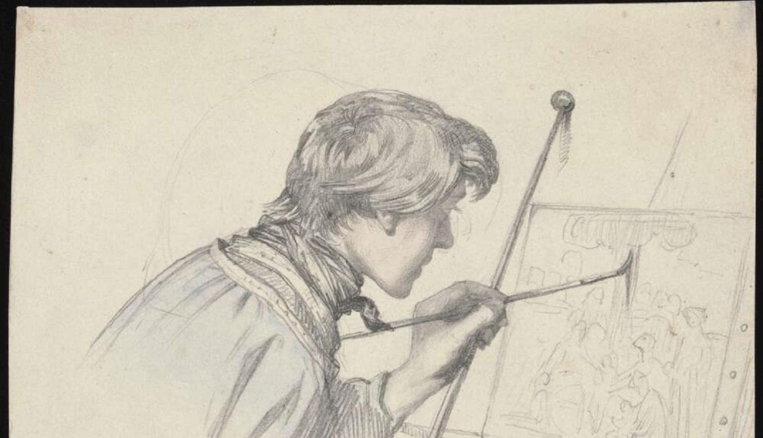 pencil drawing a young male artist leaning over a canvas painting an active scene