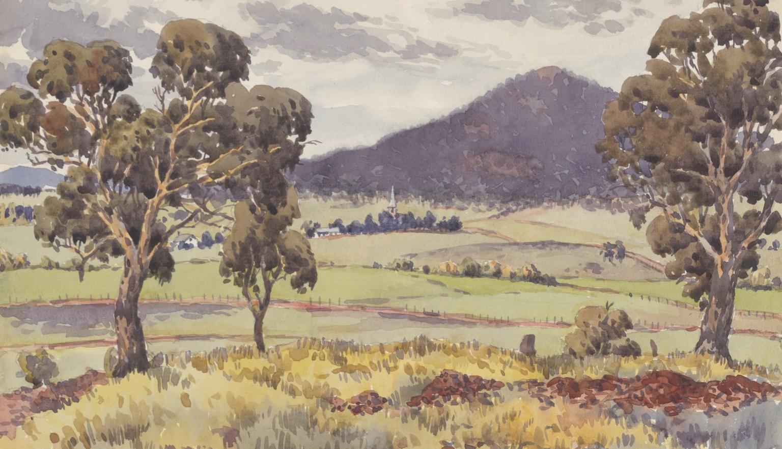 Watercolour of Canberra before it was developed, with Mount Ainslie in the distance 