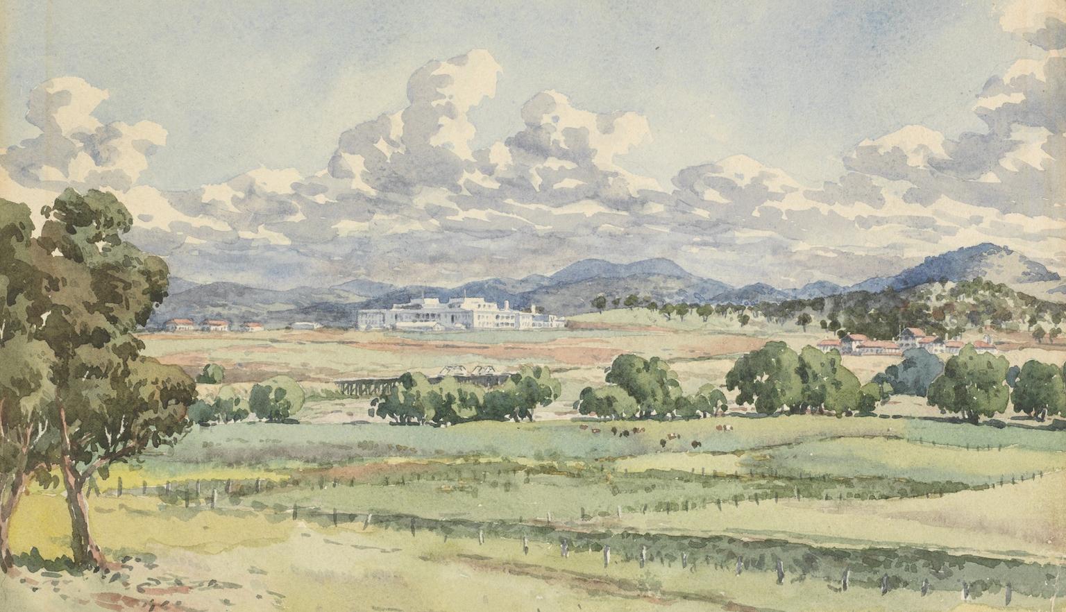 Watercolour of Canberra before it was fully developed, mostly grass, with what is now known as Old Parliament House in the distance