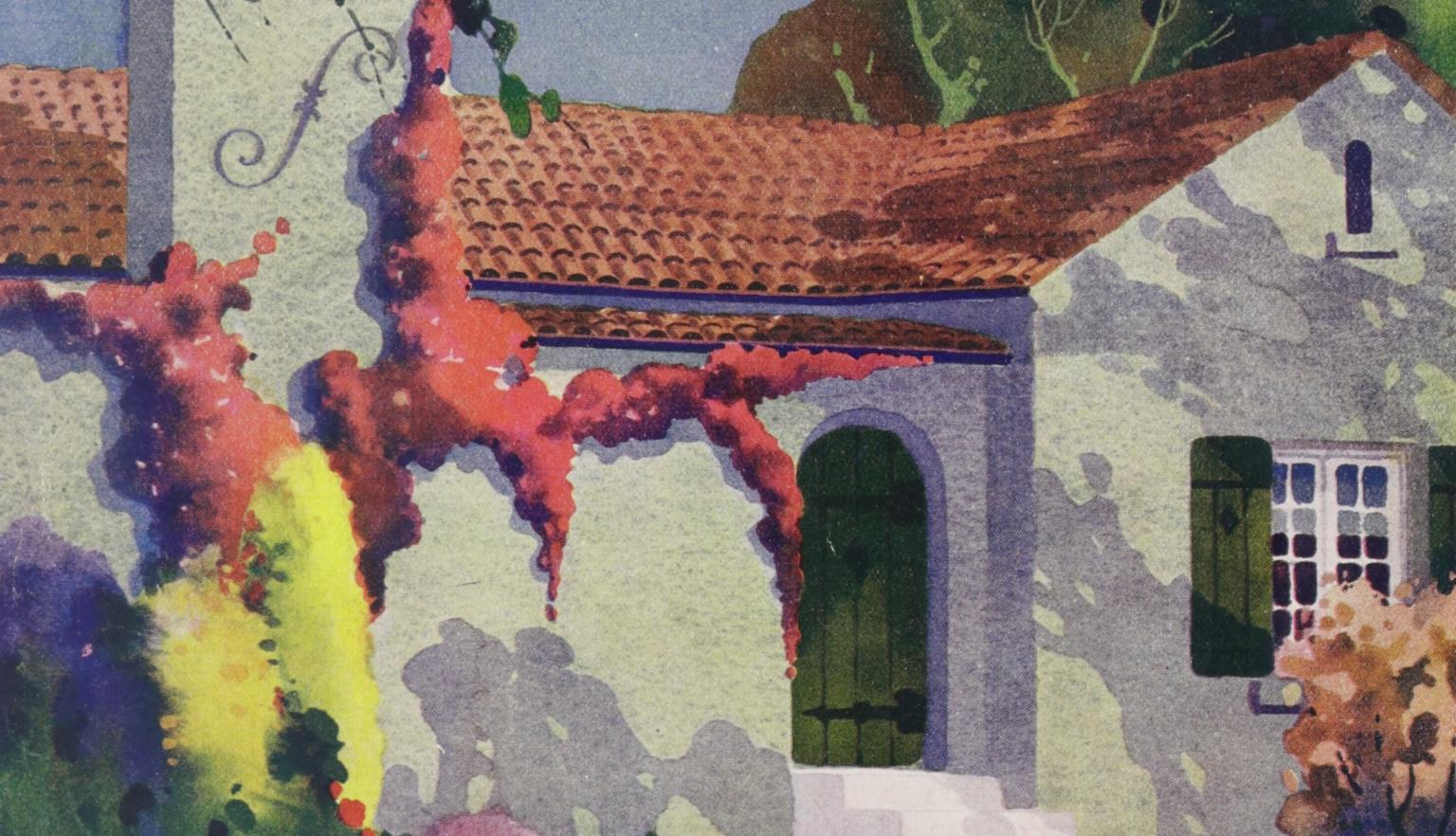 Cover of 'The Australian Home Beautiful' magazine featuring a light coloured house with a red roof and a very colourful garden