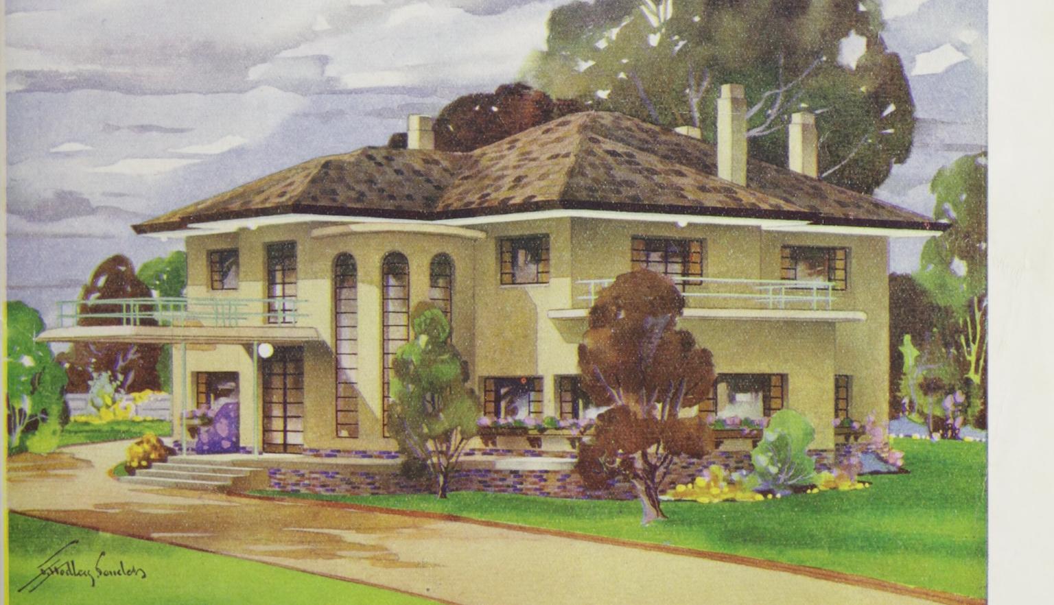 Cover of 'The Australian Home Beautiful' magazine featuring an illustration of a large yellow house with lots of windows, two balconies and a curved wall on a sunny day