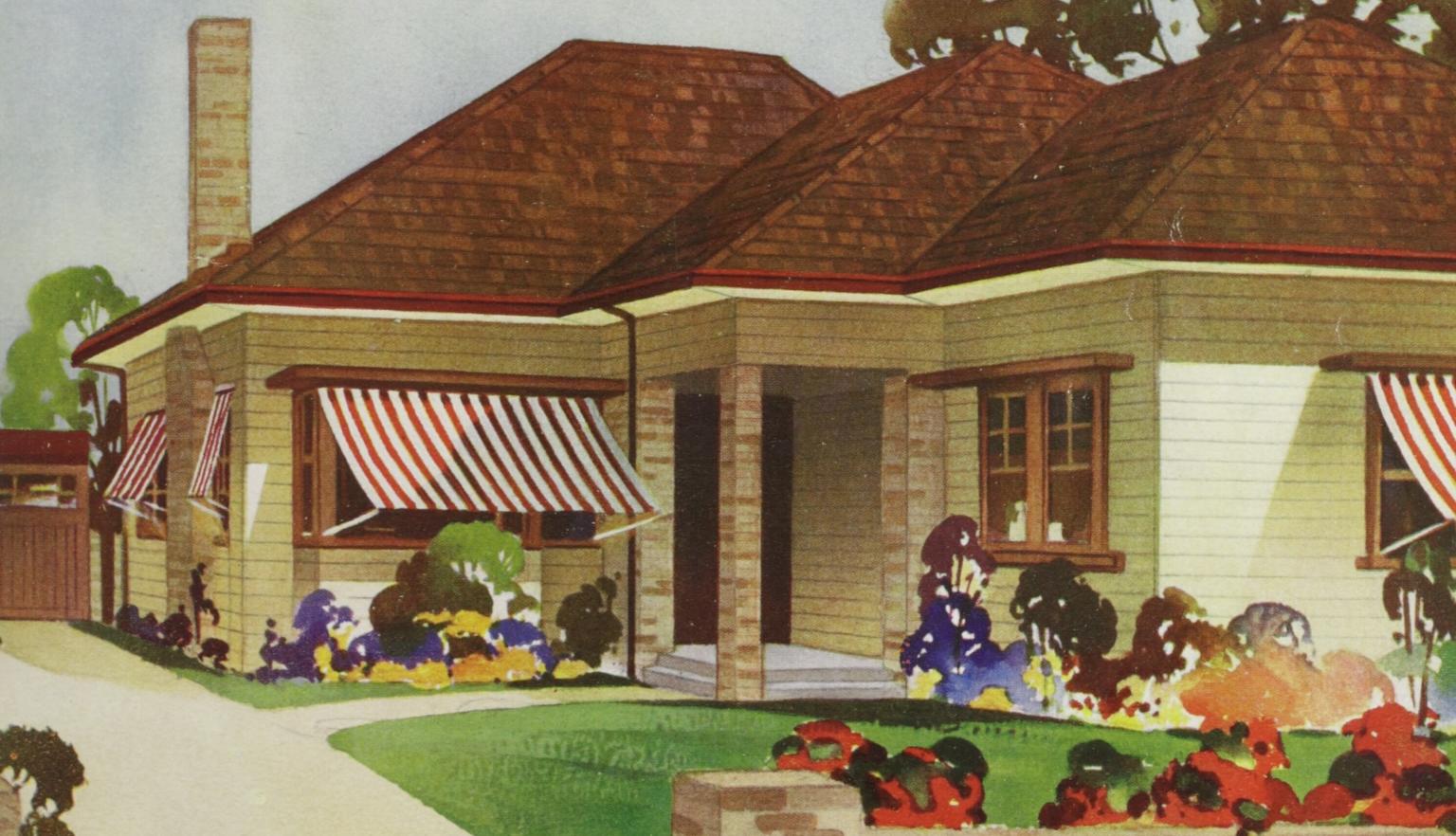 Cover of 'The Australian Home Beautiful' magazine featuring an illustration of a brick house with red and white striped awnings