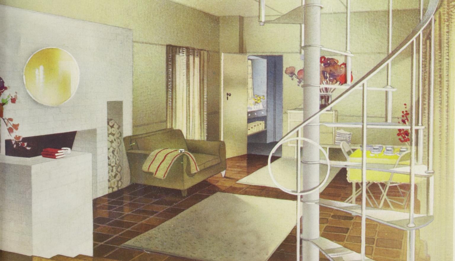 Cover of 'The Australian Home Beautiful' magazine featuring an illustration of a living room with a tiled floor, light yellow walls, a modern white brick fireplace and a dainty white metal spiral staircase