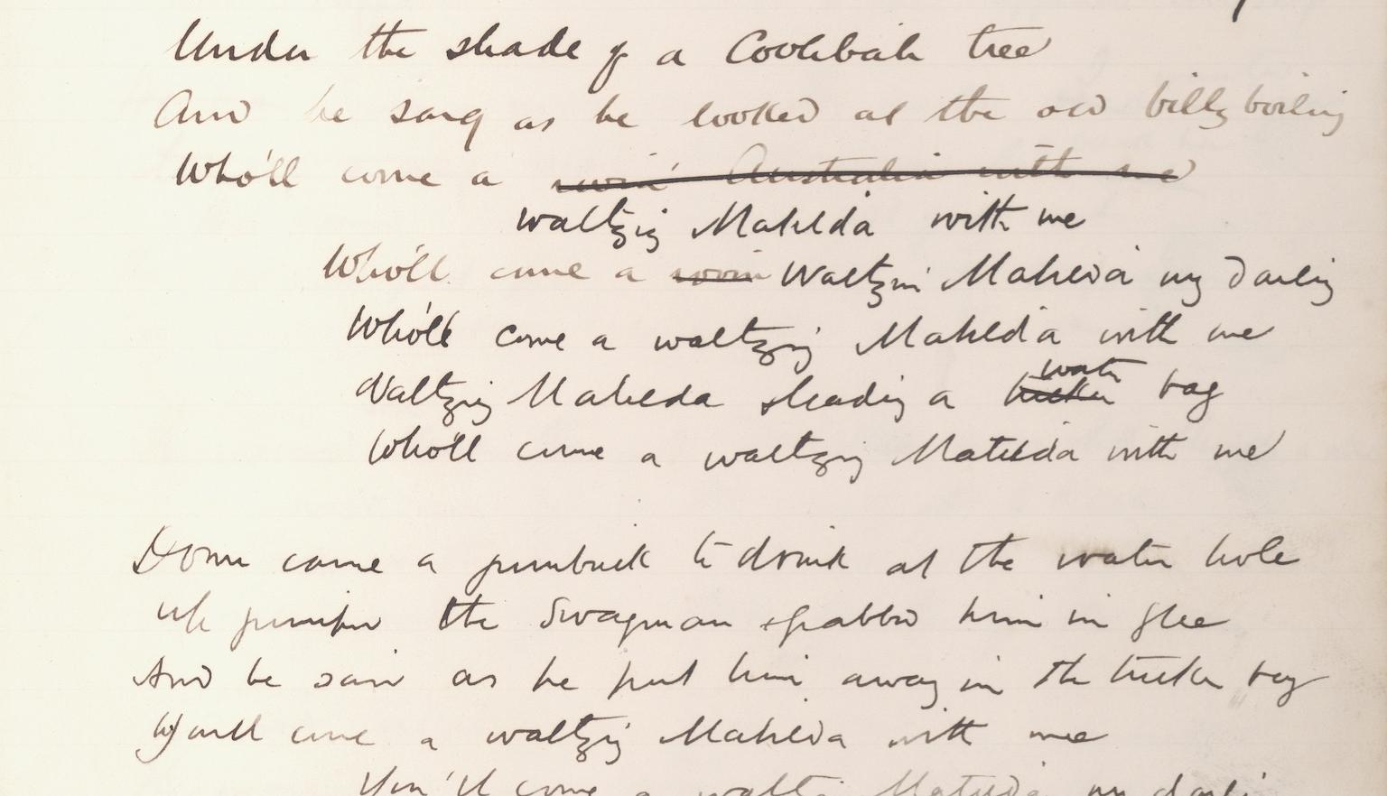 Page of a diary with a handwritten draft of the lyrics to 'Waltzing Matilda'