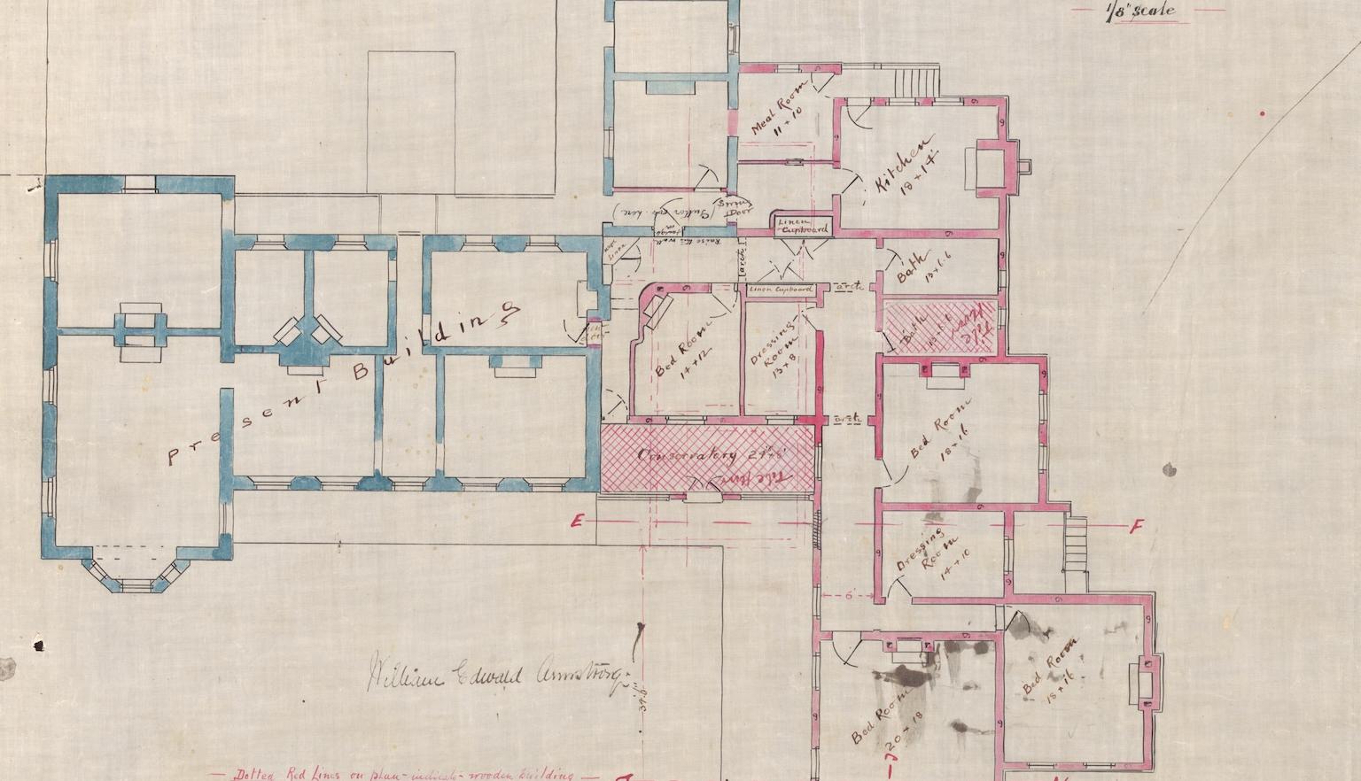 Architectural plan of additions to a house, with the current walls in blue and the proposed walls in pink