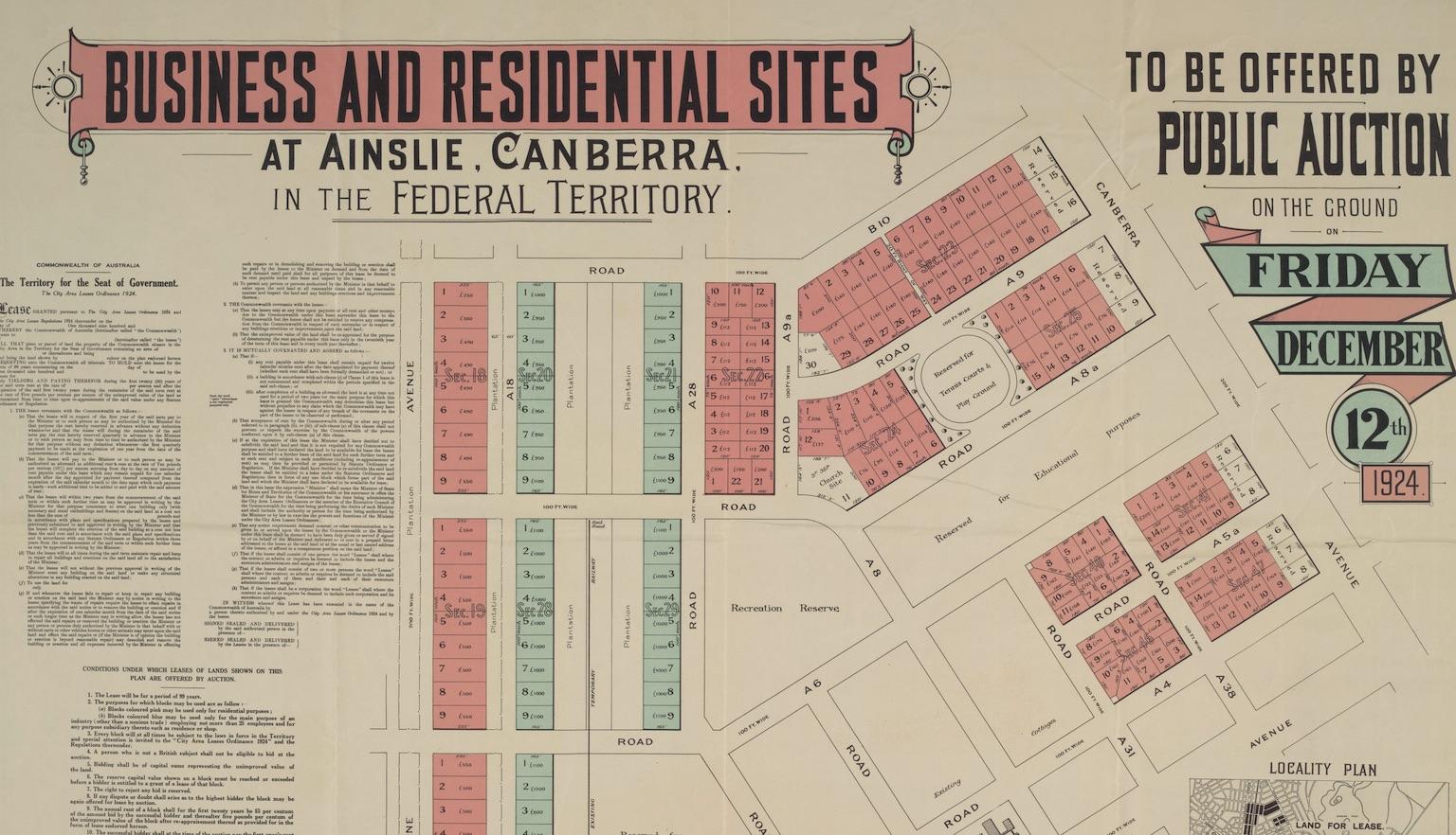 Map of residential and business sites in Ainslie being auctioned off, with information about the area and the auction
