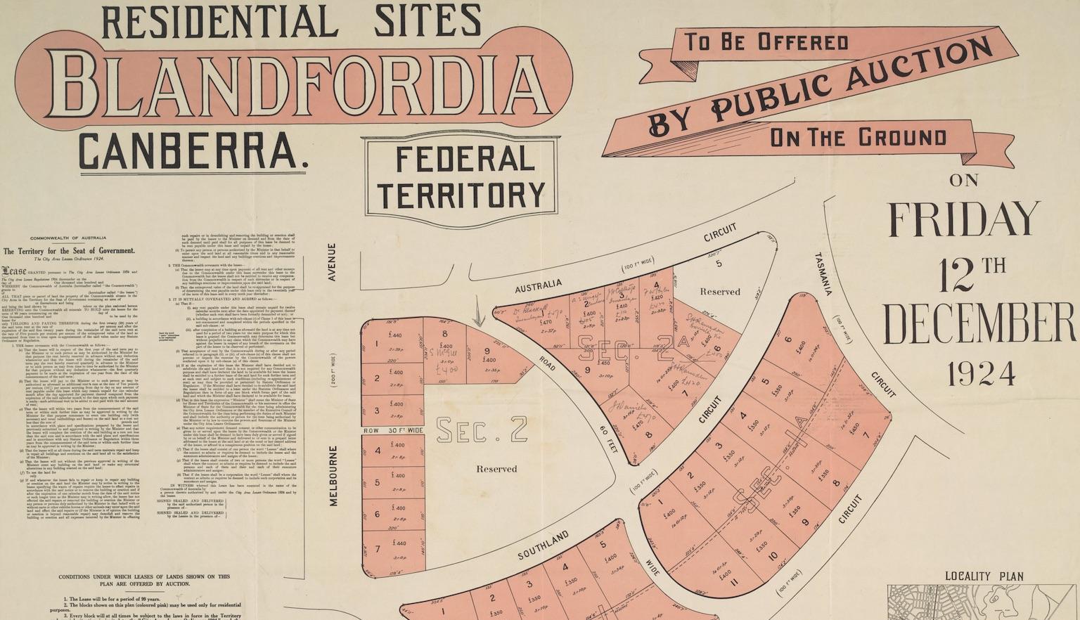 Map of residential sites in Blandfordia being auctioned off, with information about the area and the auction