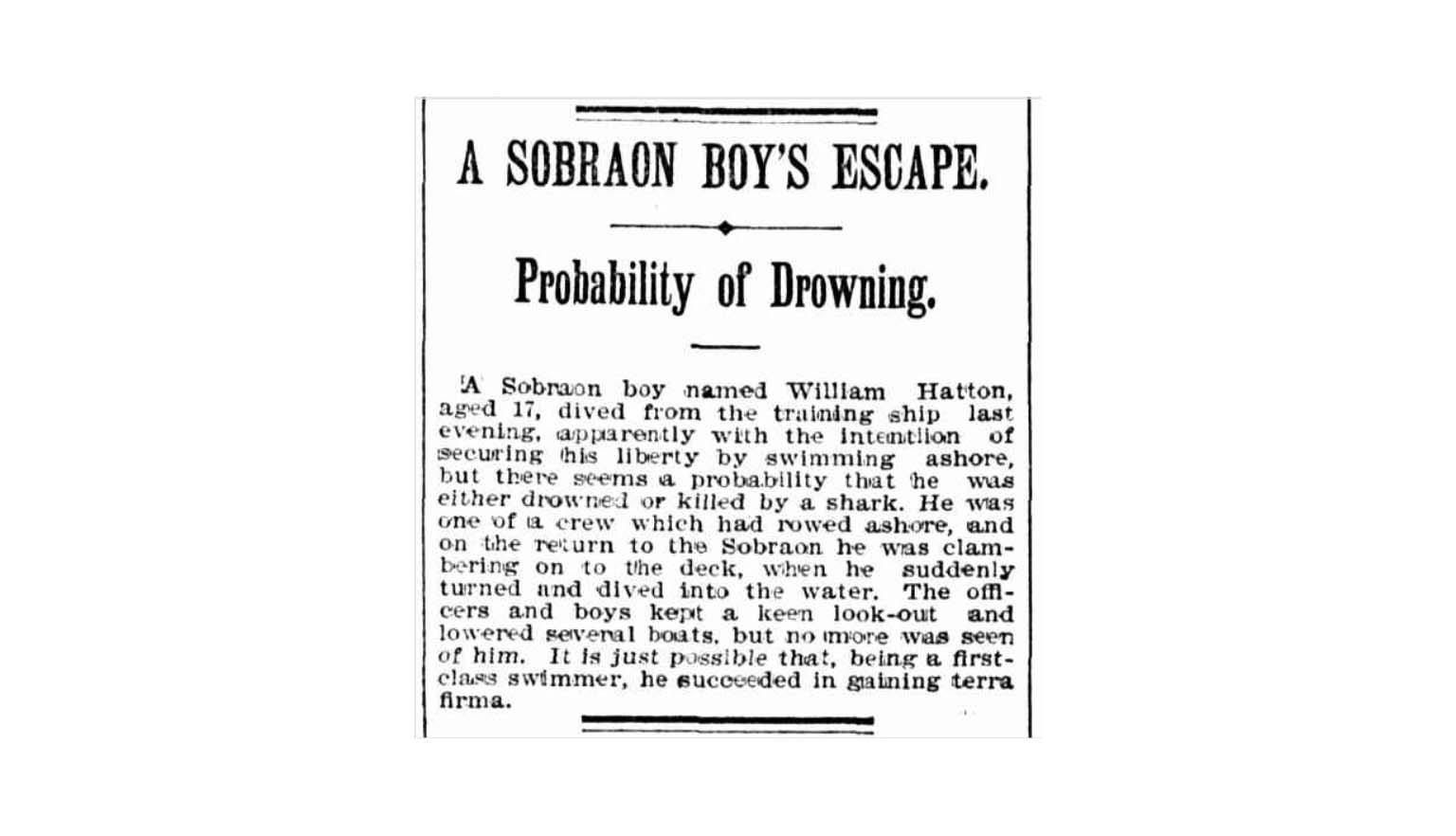 Newspaper article from the Australian Star, 1897, titled 'A Sobraon Boy's Escape'