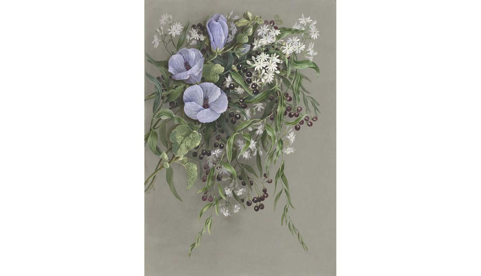 A watercolour painting of large light purple flowers, small white flowers, brown berries, amid greet leaves and stems on a brown background