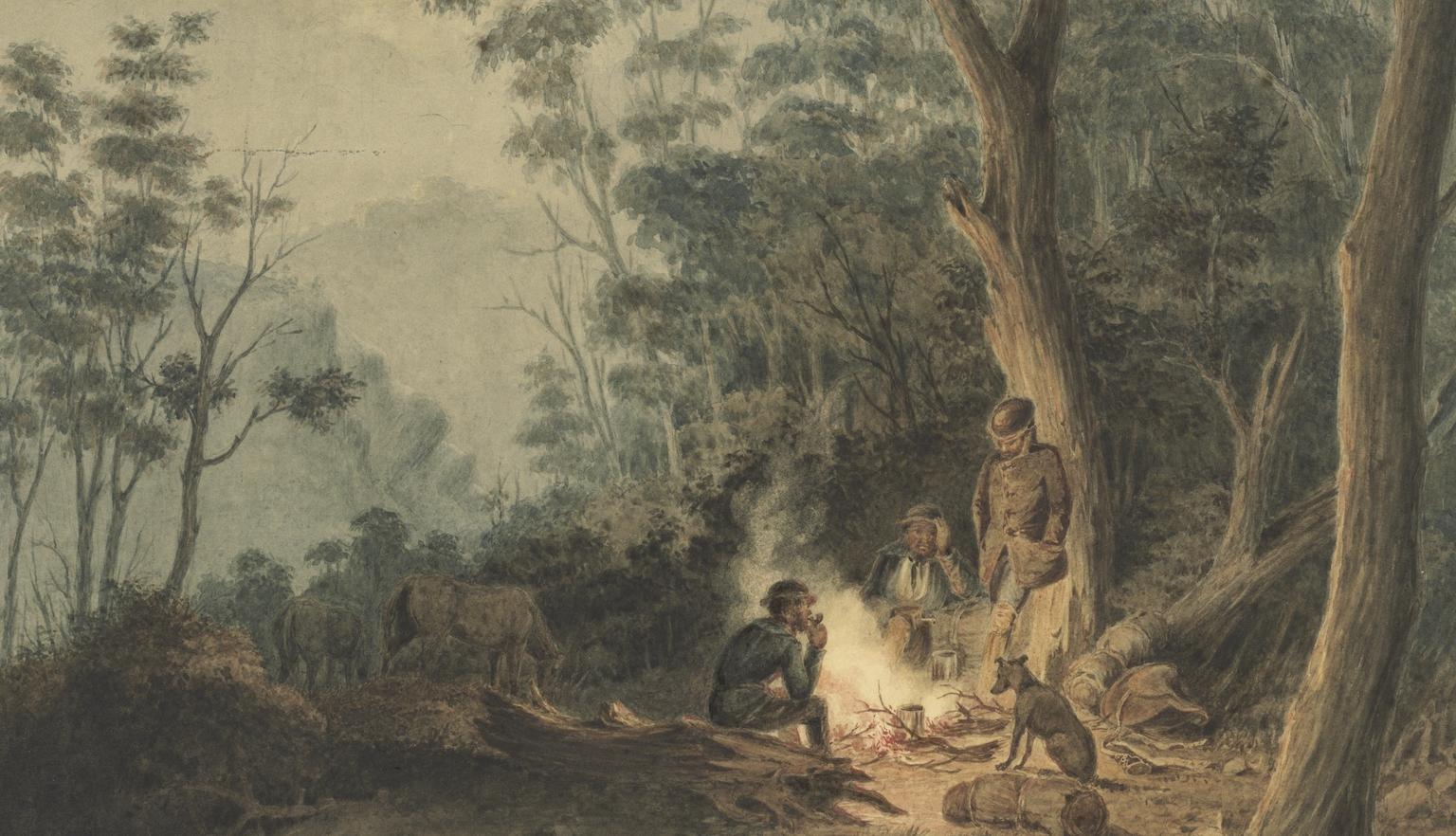 Illustration of three men and a dog around a campfire at night