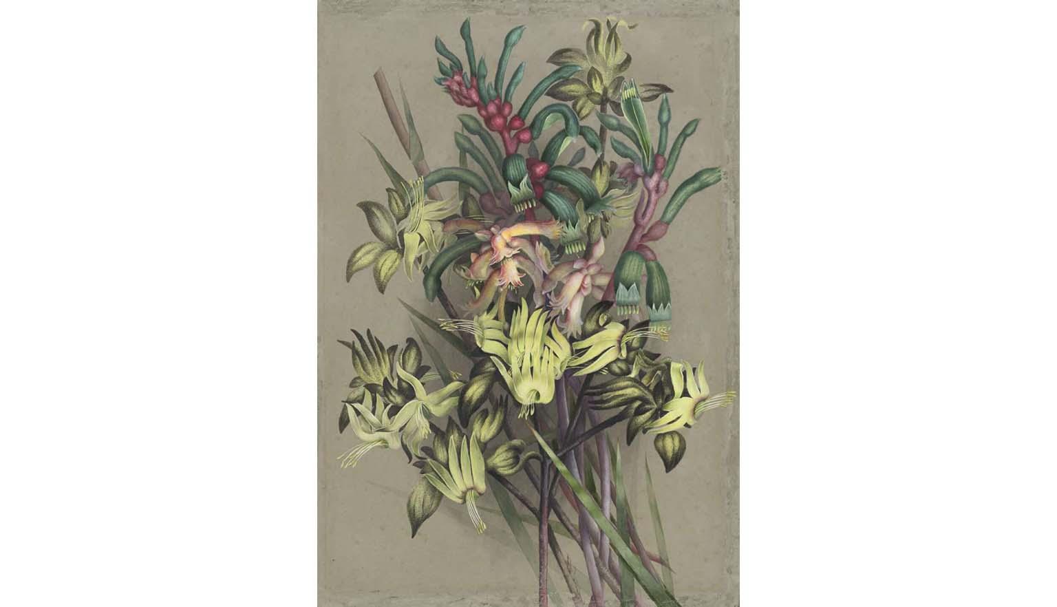 A watercolour painting of yellwo, green, red, pink, and purple flowers and stems on a brown background