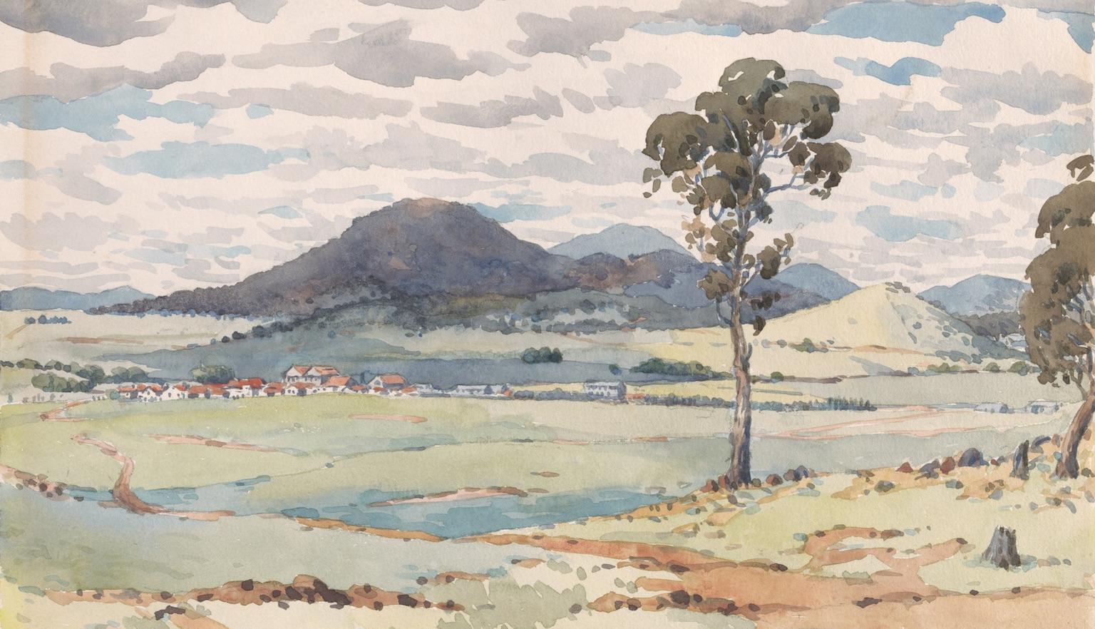 Watercolour of the site of Canberra, mostly grass, with hills in the distance
