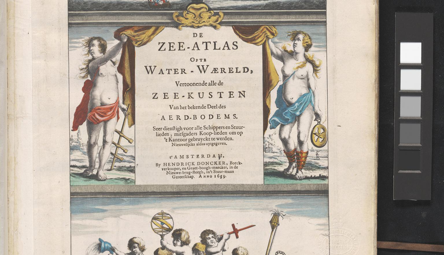 Opening page of a book with 3 separate images. 1 an armada. 2 a scroll with details of the book and 2 a load of cherubs in battle mode on the sea. 
