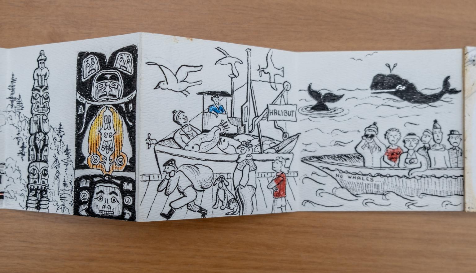 Fold-out travel diary open to four pages with black and white illustrations of an Alaskan fish market and people on a whale watching trip