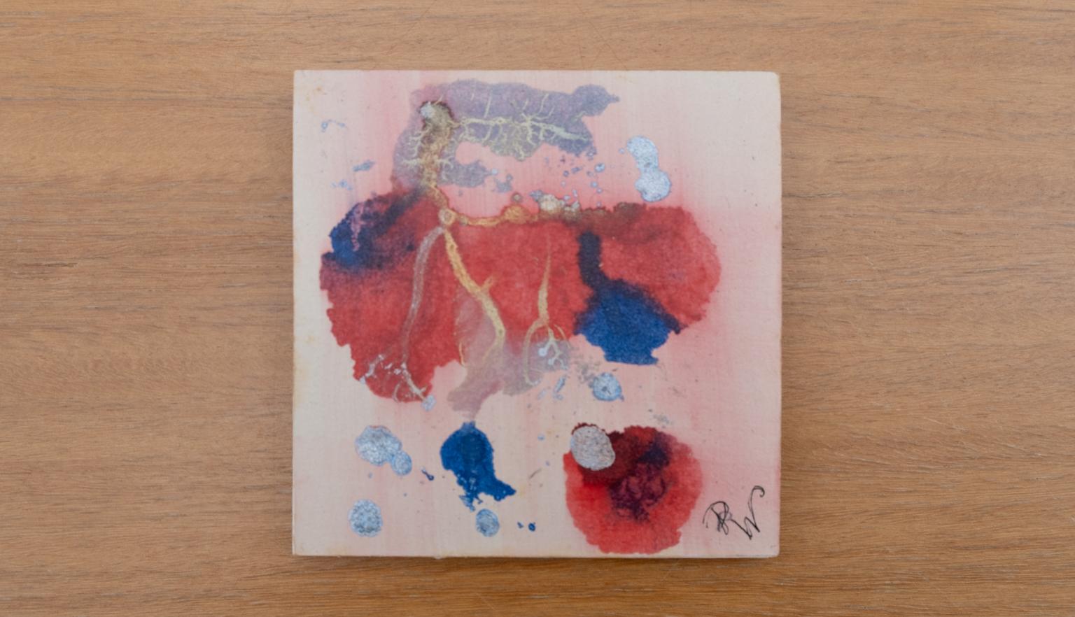 Diary cover with red and blue inkblots