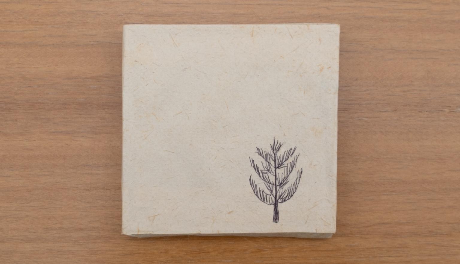 Cardboard slipcase with a simple tree drawn in the lower right corner
