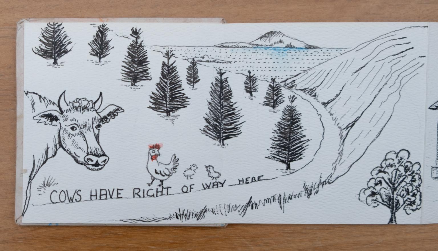 Fold-out travel diary open to four pages with black and white illustrations of a cow and a chicken on a road going between mountains towards the sea and text reading 'Cows have right of way here'