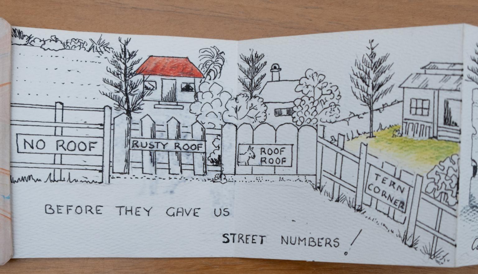 Fold-out travel diary open to four pages with black and white illustrations of a street of houses with descriptive names such as 'No Roof' and 'Tern Corner' with text along the bottom of the pages reading 'Before they gave us street numbers!'