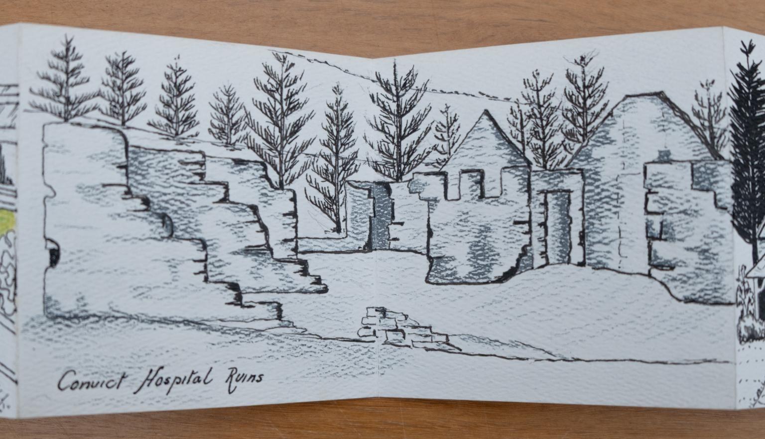 Fold-out travel diary open to four pages with black and white illustrations of building ruins labelled 'Convict Hospital Ruins'