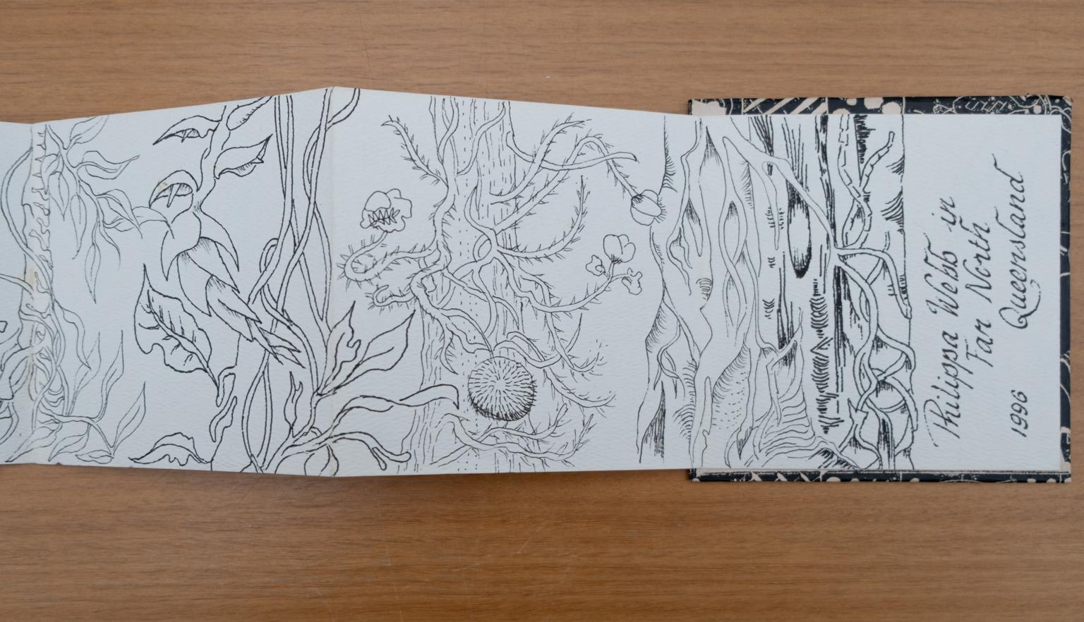 Fold-out travel diary open to three pages with black and white illustrations of trees, vines and other plants from Far North Queensland. The last page also had text reading 'Philippa Webb in Far North Queensland 1996'