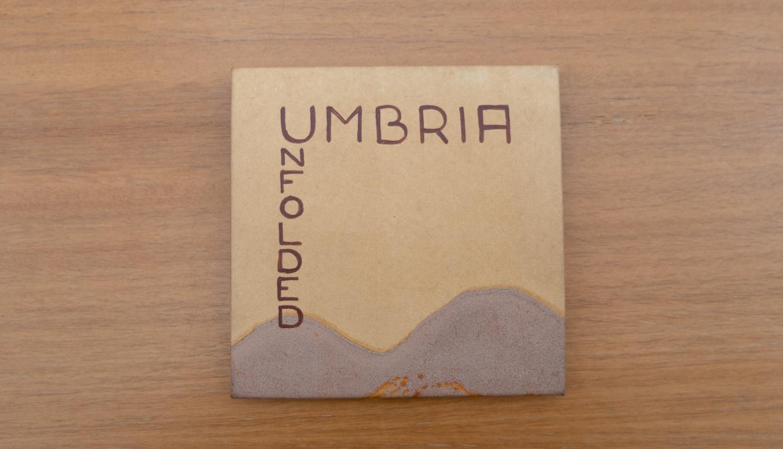 Travel diary cover with a simple brown mountain design and text reading 'Umbria Unfolded'