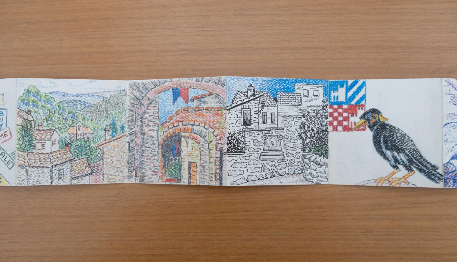 Fold-out travel diary open to four pages with colourful illustrations of Italian towns and streets and a black bird in front of a coat of arms