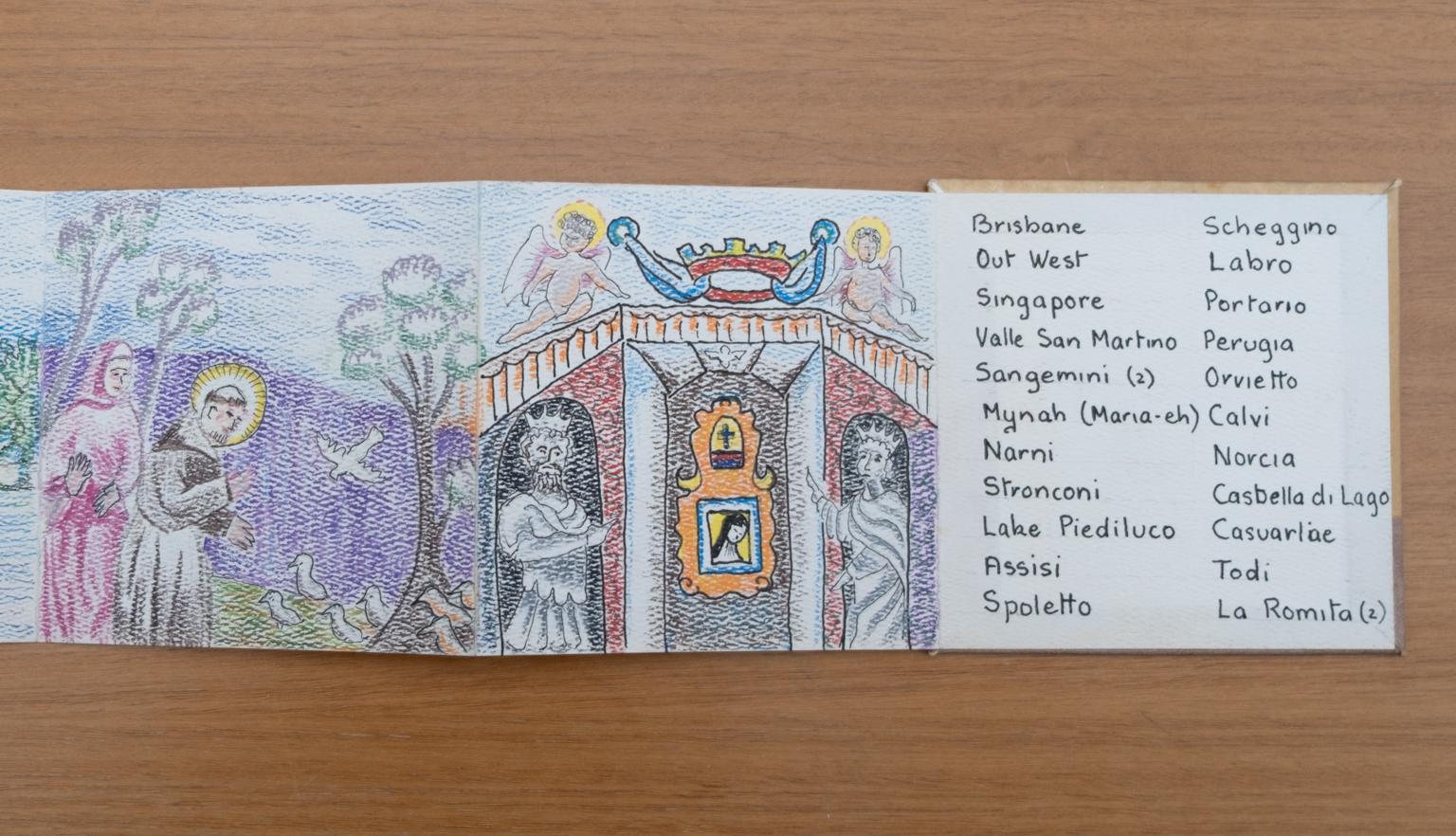 Fold-out travel diary open to three pages with colourful illustrations of people and a religious monument. The last page has a list of places visited on this trip, including Portario, Orvietto and Todi.