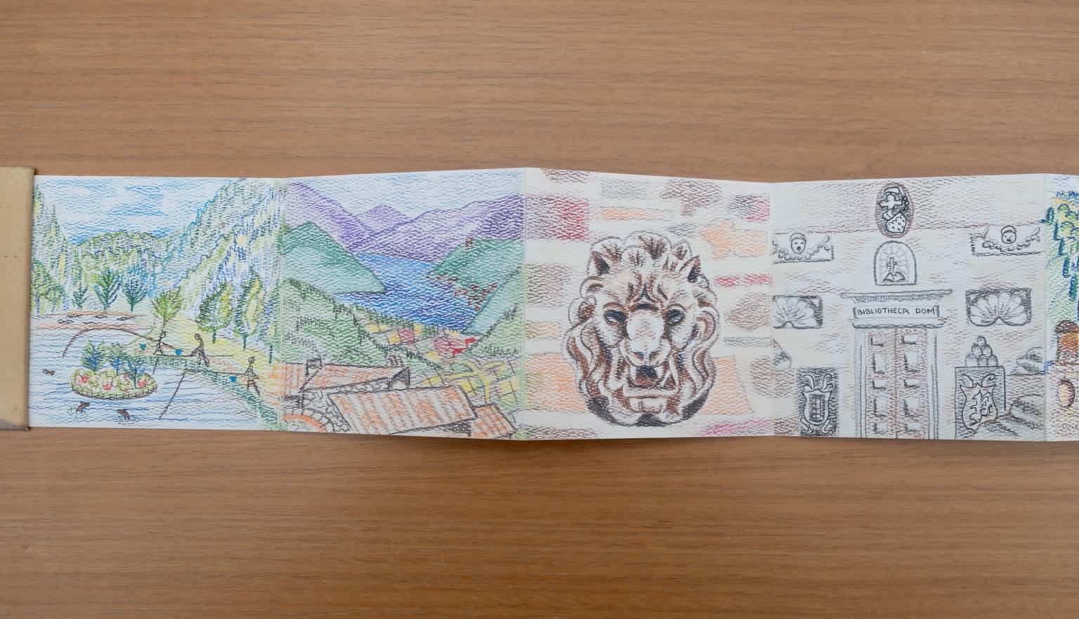Fold-out travel diary open to four pages with colourful illustrations of people fisihing, a town above a valley, a lion head sculpture on a brick wall and a doorway