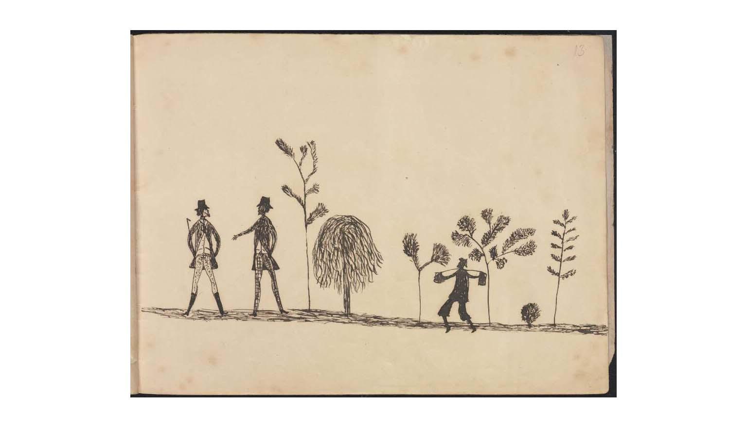 Silhouettes of two men talking, standing near some trees and bushes, and another man a little way away carrying two buckets on a pole across his shoulders
