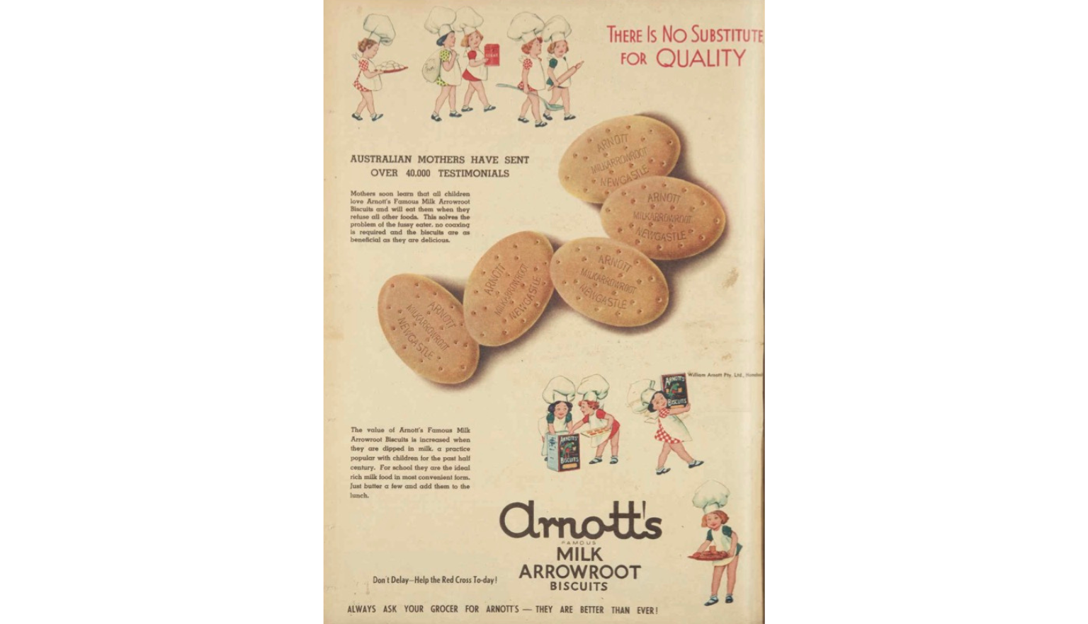Advertisement for Arnott's Arrowroot biscuits with text reading 'There's no substitute for quality'