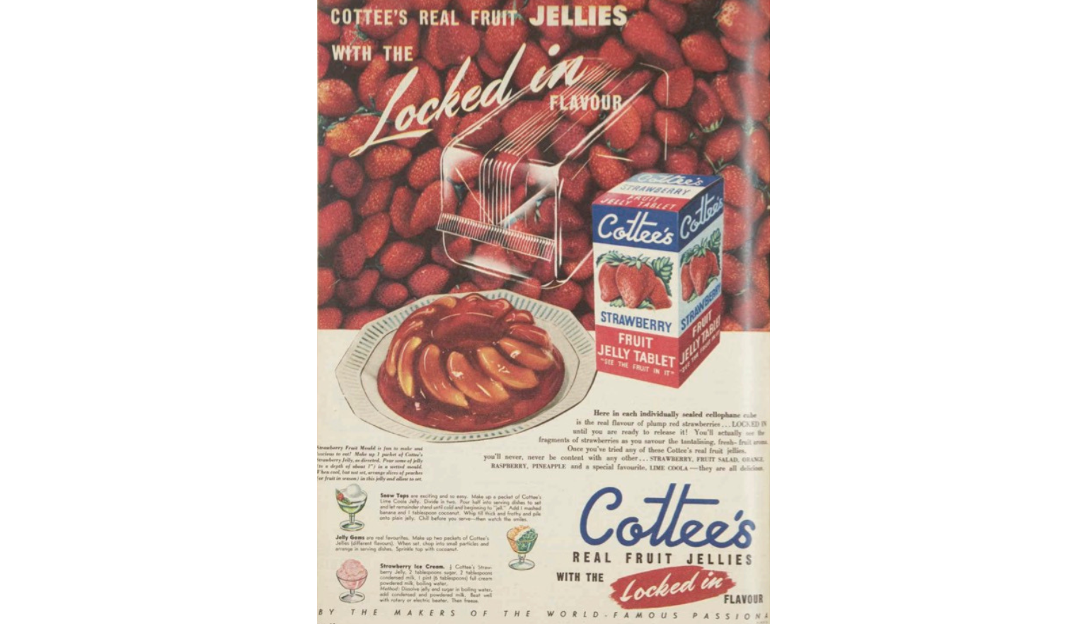 Advertisement for Cottee's featuring an illustration of strawberry jelly filled with peach slices and a Cottee's fruit jelly tablet box, and text reading 'Cottee's real fruit jellies with locked-in flavour'