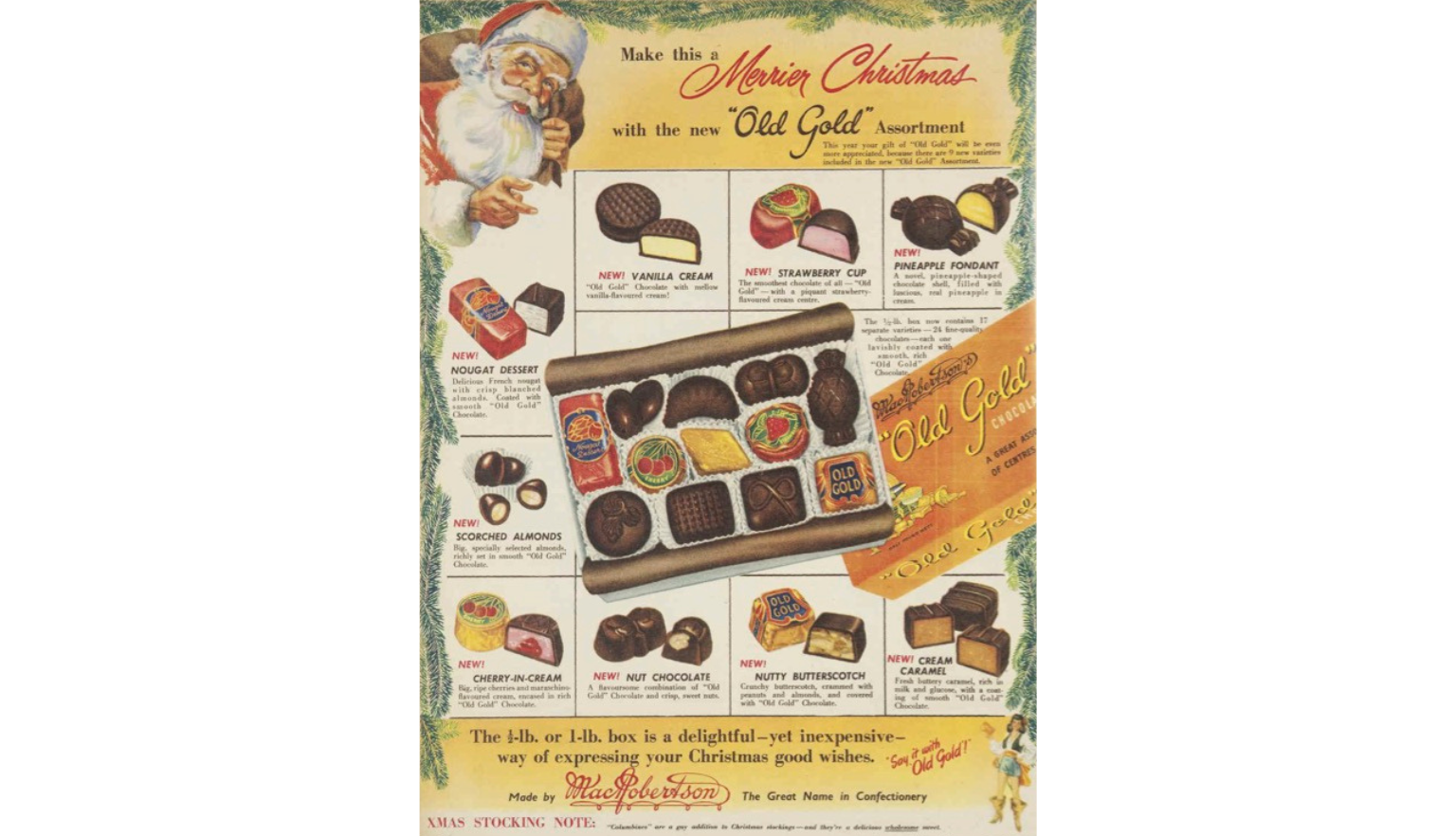 Advertisement for MacRobertson's Old Gold chocolate boxes with text reading 'Make this Christmas with a new Old Gold assortment'