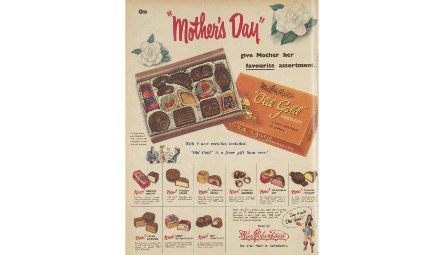 Advertisement for MacRobertson's for boxes of Old Gold chocolate for Mother's Day