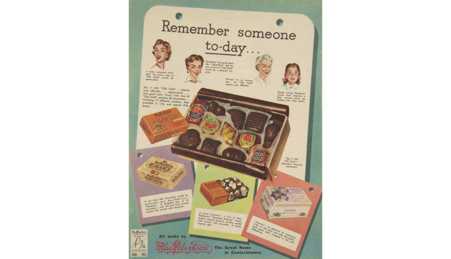 Advertisement for MacRobertson's Old Gold chocolate boxes with text rading 'Remember someone to-day'