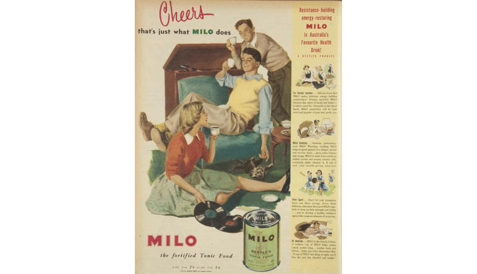 Advertisement for Milo with an illustration of 3 young people sitting on a couch drinking Milo