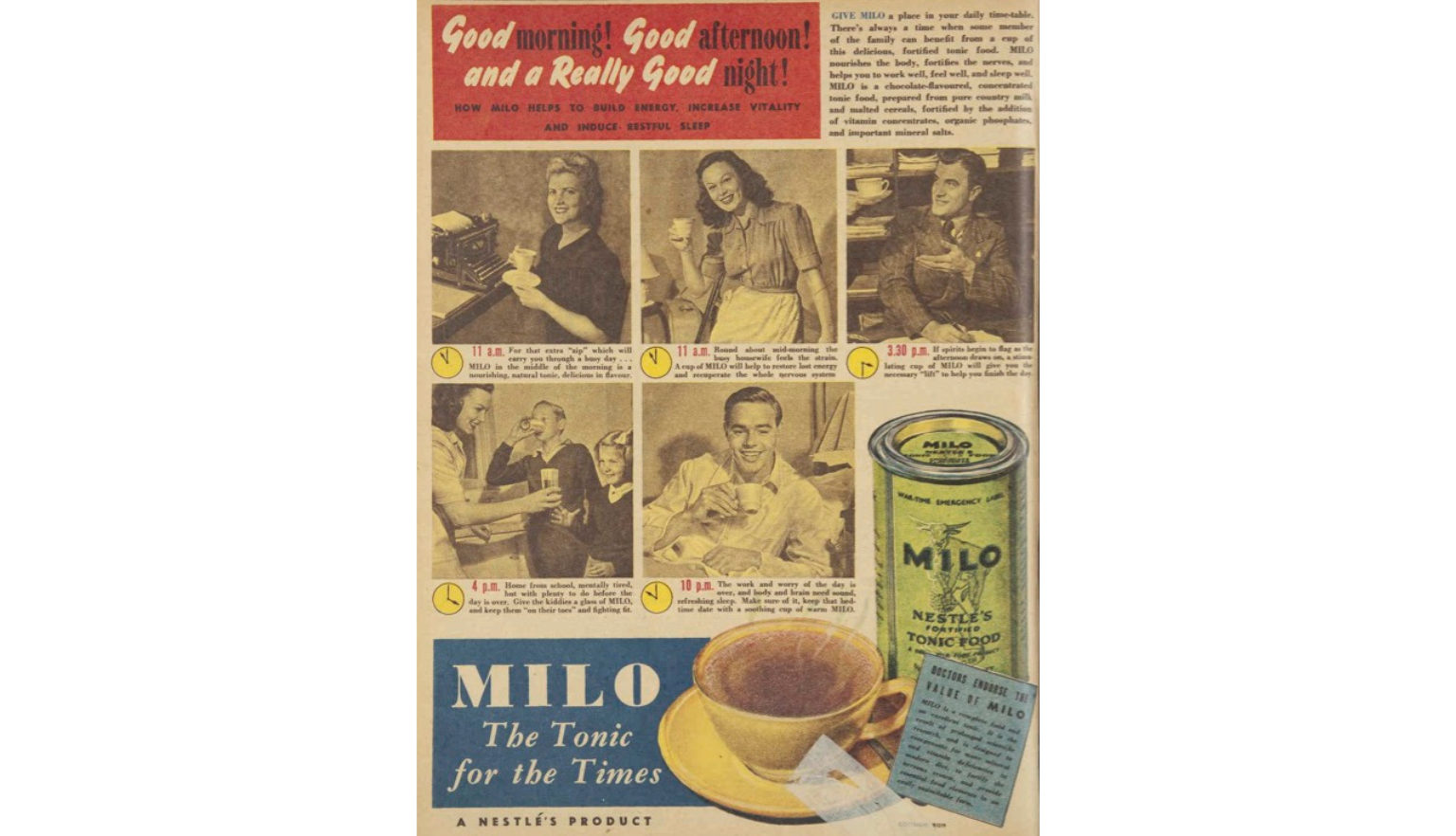 Advertisement for Milo with 5 photos of people enjoying Milo at different times of day