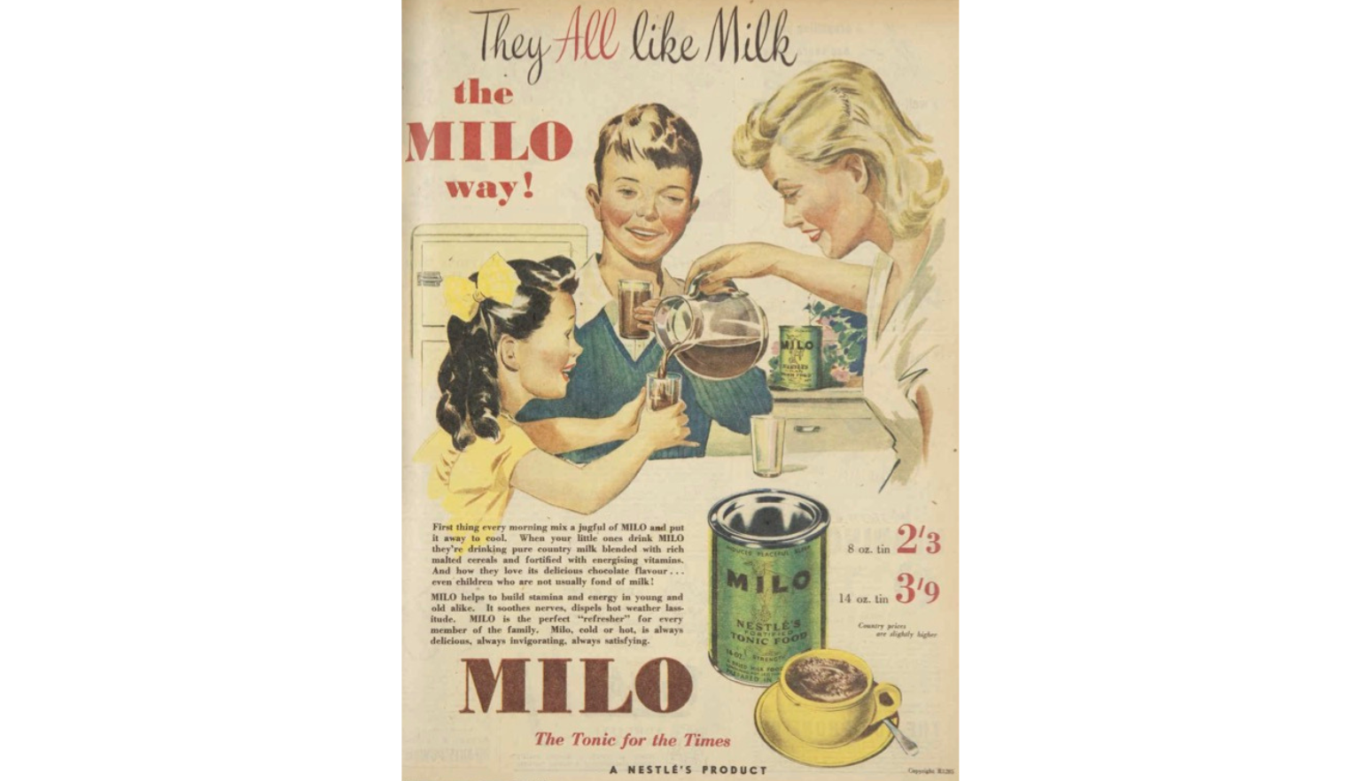 Advertisement for Milo with an illustration of a mother serving Milo to her children