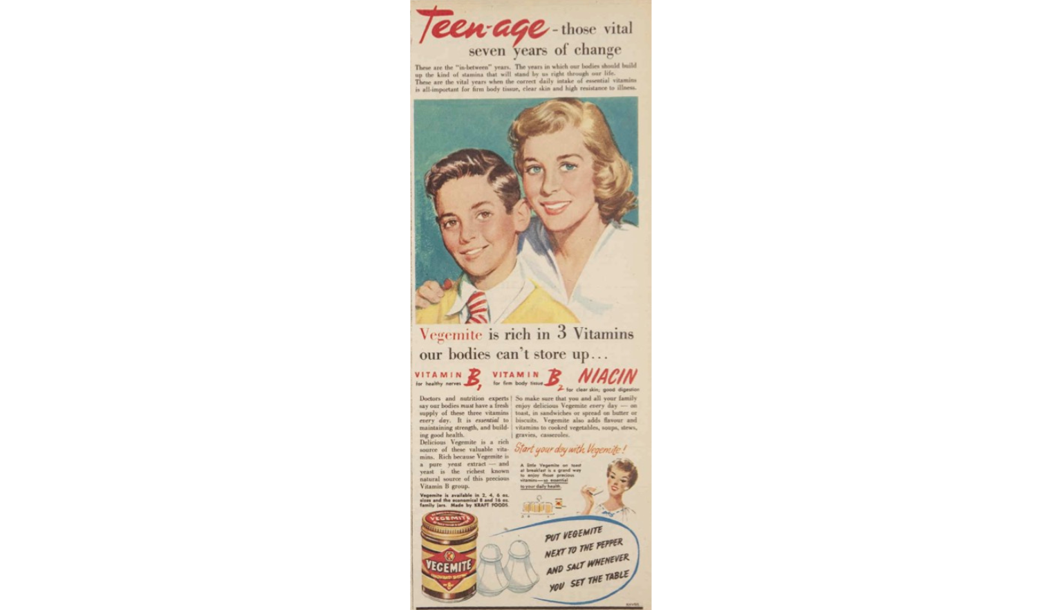 Advertisement for Vegemite featuring an illustration of a mother and son and large text reading 'Teenage - those vital seven years of change ... Vegemite is rich in 3 vitamins your body can't store up'